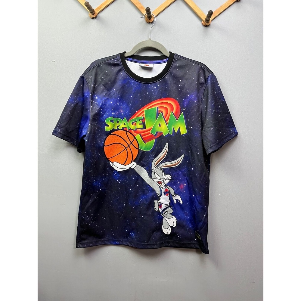 Space Jam T-Shirt Mens Large Blue Galaxy Bugs‎ Bunny Embroidered Graphic Tee 90s
